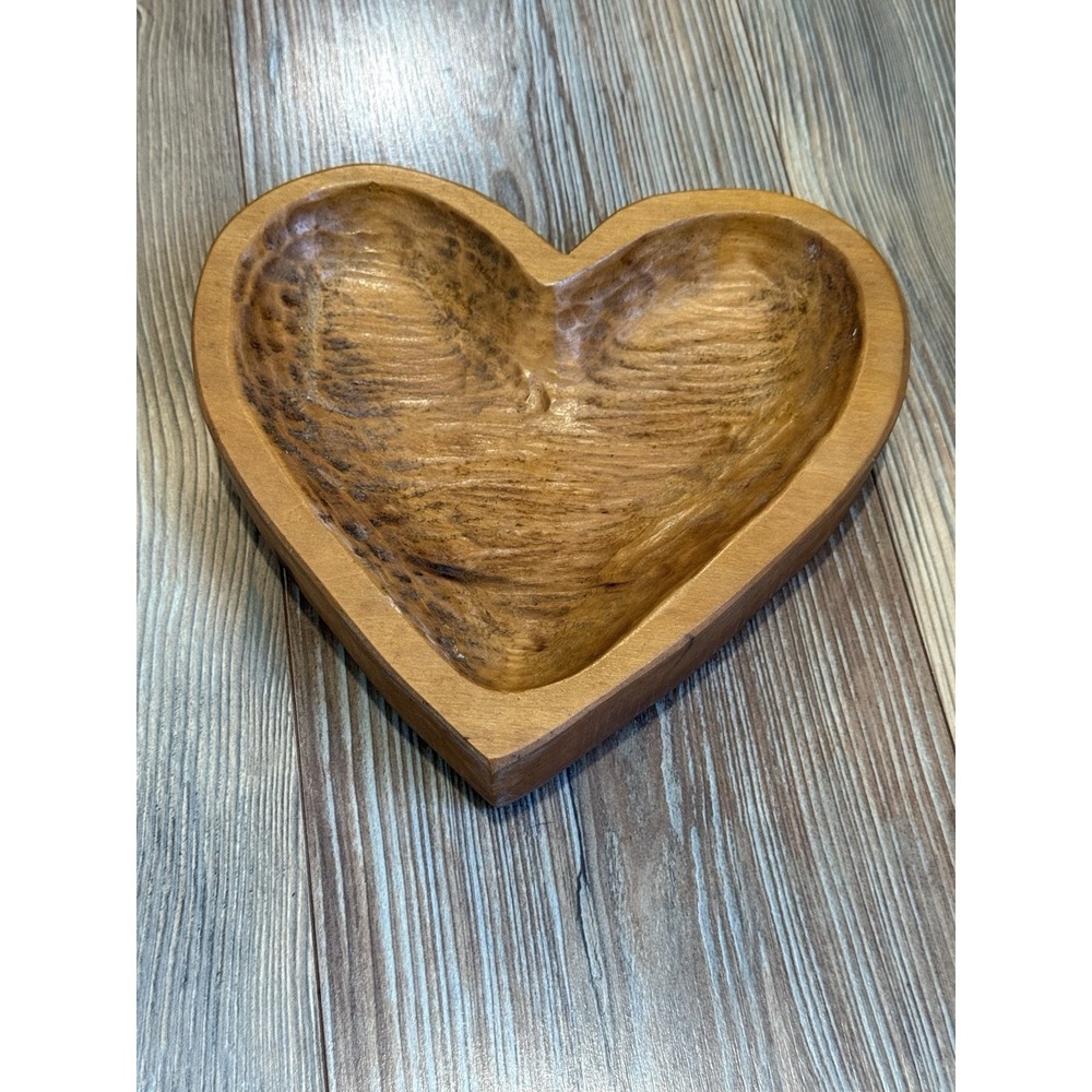 Vintage Decorative Hand-Carved Wood Heart Bowl - Rustic Country Farmhouse 8.5x9"